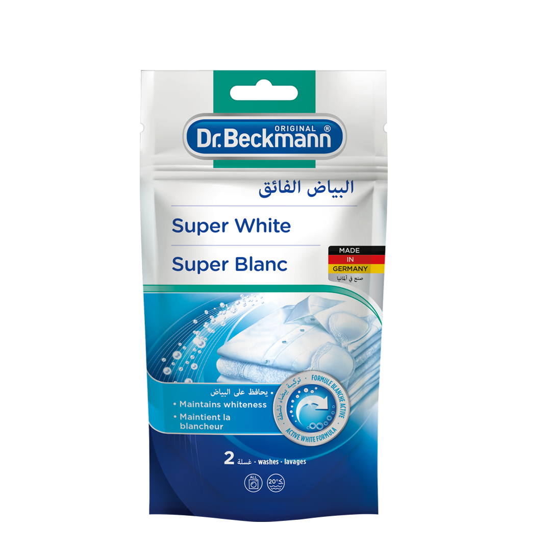 For yellowed laundry, Dr. Beckmann Super White is the perfect solution to  maintain the radiance of white fabrics